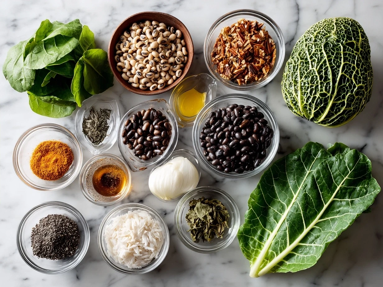 Ingredients for Southern Black-Eyed Peas with Collard Greens laid out on kitchen counter