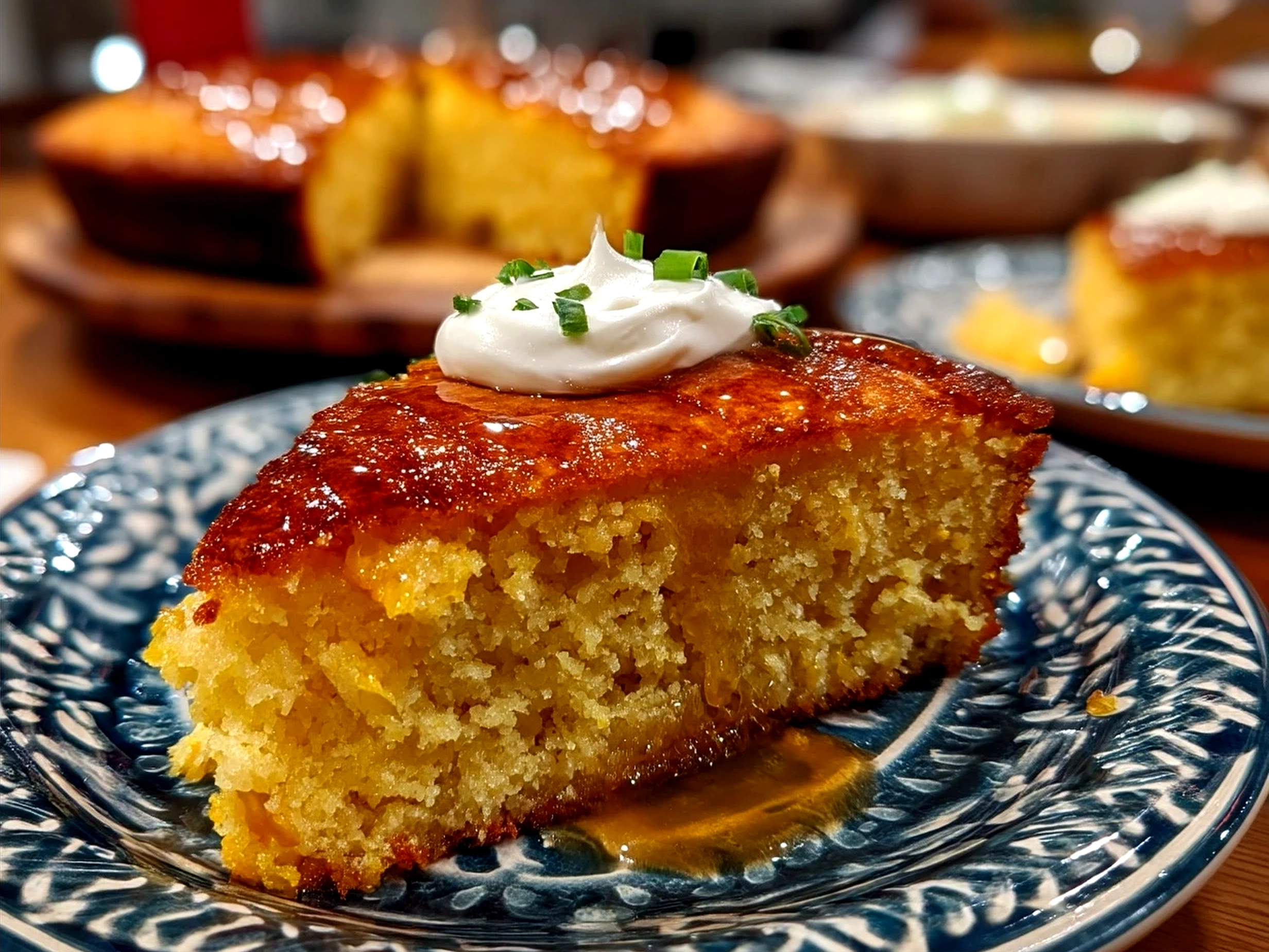 Fresh Southern Cornbread served in rustic wedges with herbs and honey butter