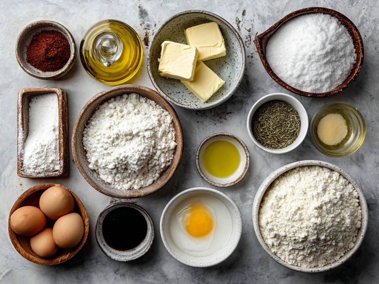 Ingredients for Southern Cornbread including cornmeal, flour, eggs, buttermilk, and butter