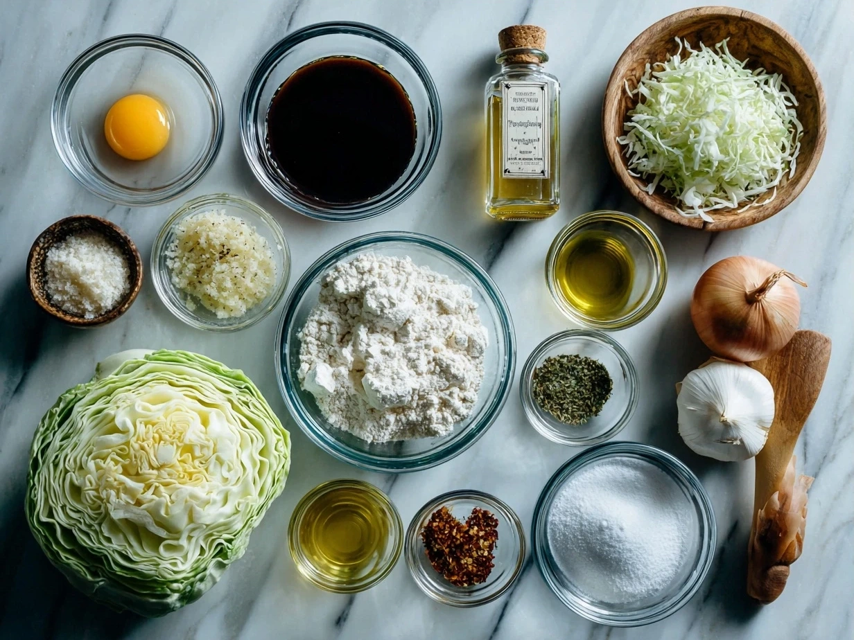 Ingredients for Southern Fried Cabbage including cabbage, bacon, onion, garlic, paprika, chicken broth, and apple cider vinegar