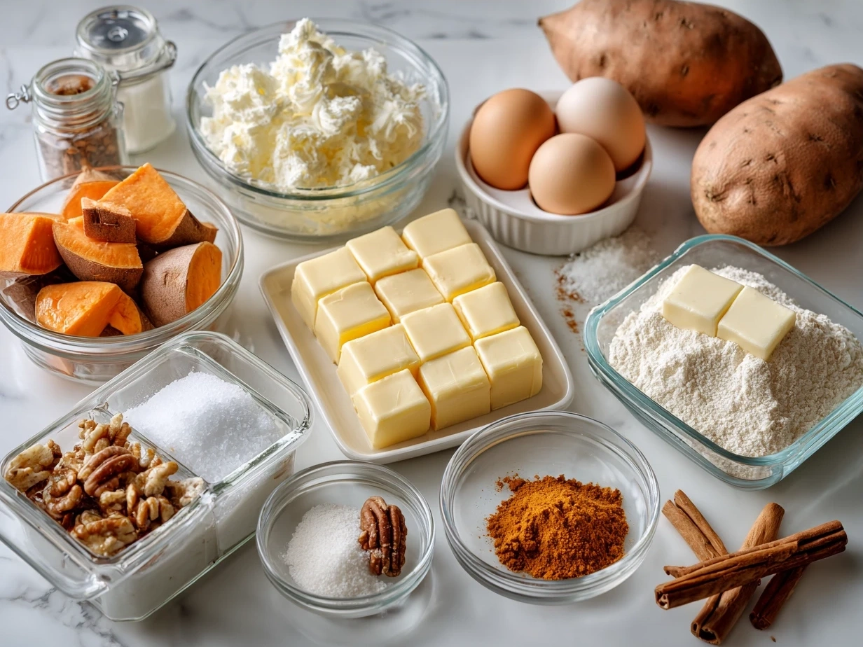 Ingredients for Southern Maple Sweet Potato Casserole laid out on a wooden surface