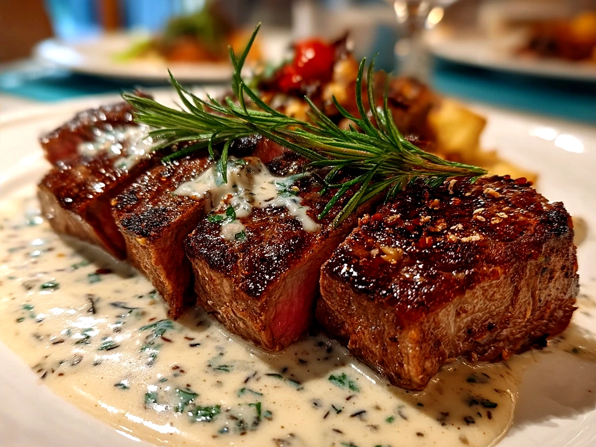 Serving Steak with Garlic Cream Sauce with sides