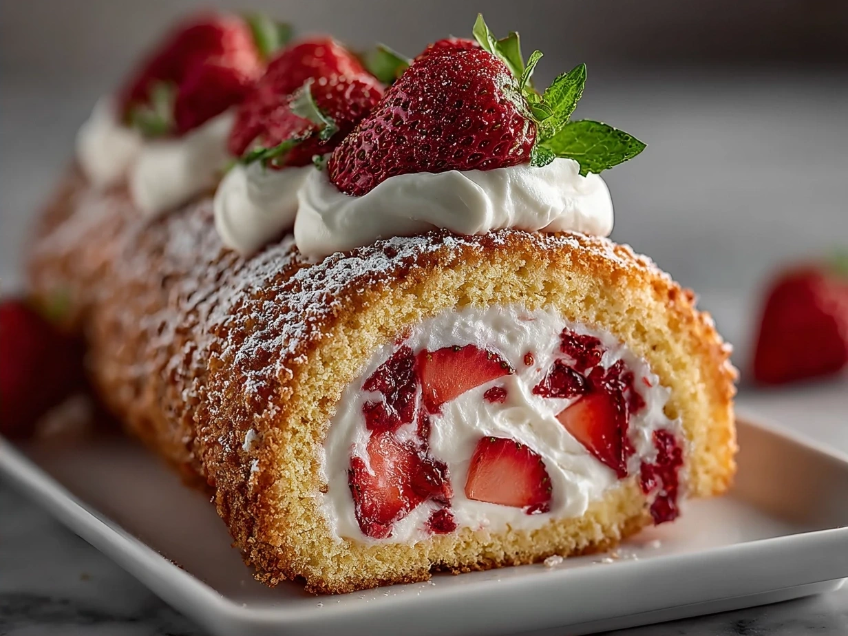 Final delicious Strawberry Cream Cake Roll sliced and ready to serve