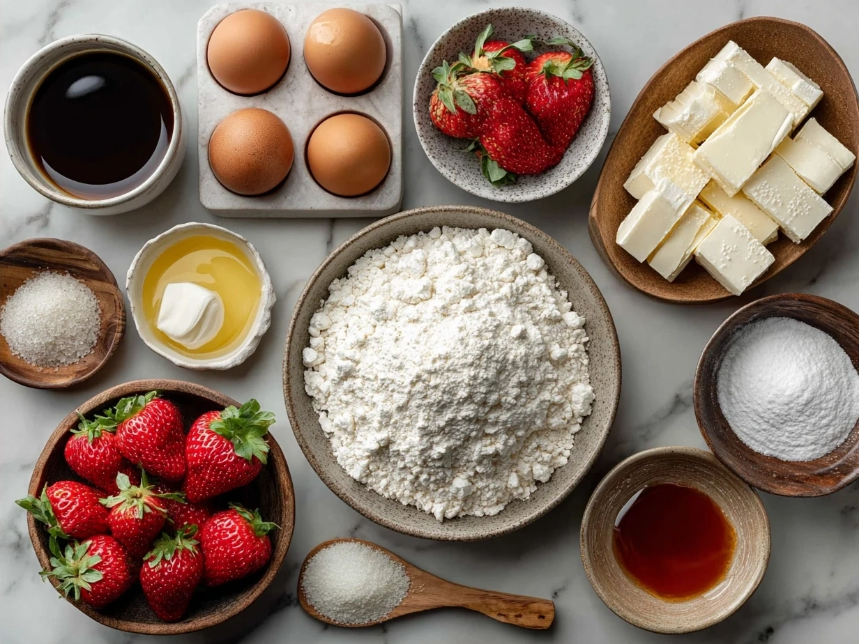Ingredients for Strawberry Cream Cake Roll laid out