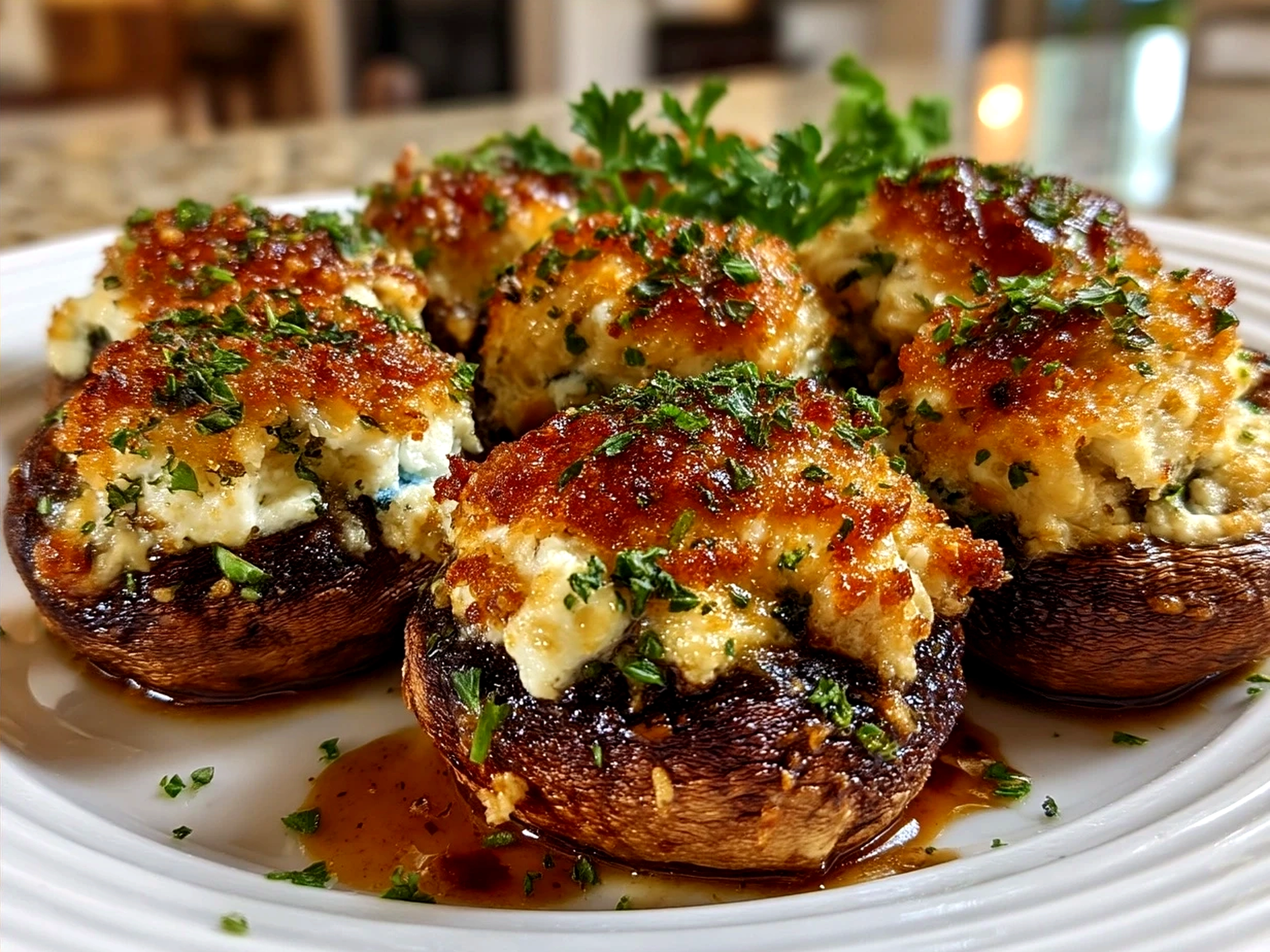 Serving tray with baked stuffed mushrooms ready to eat