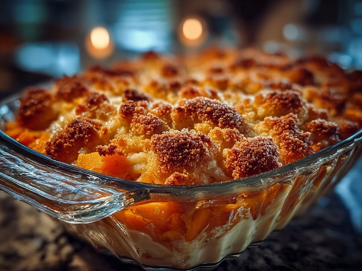 Sweet Potato Casserole served warm with golden pecan topping and toasted marshmallows