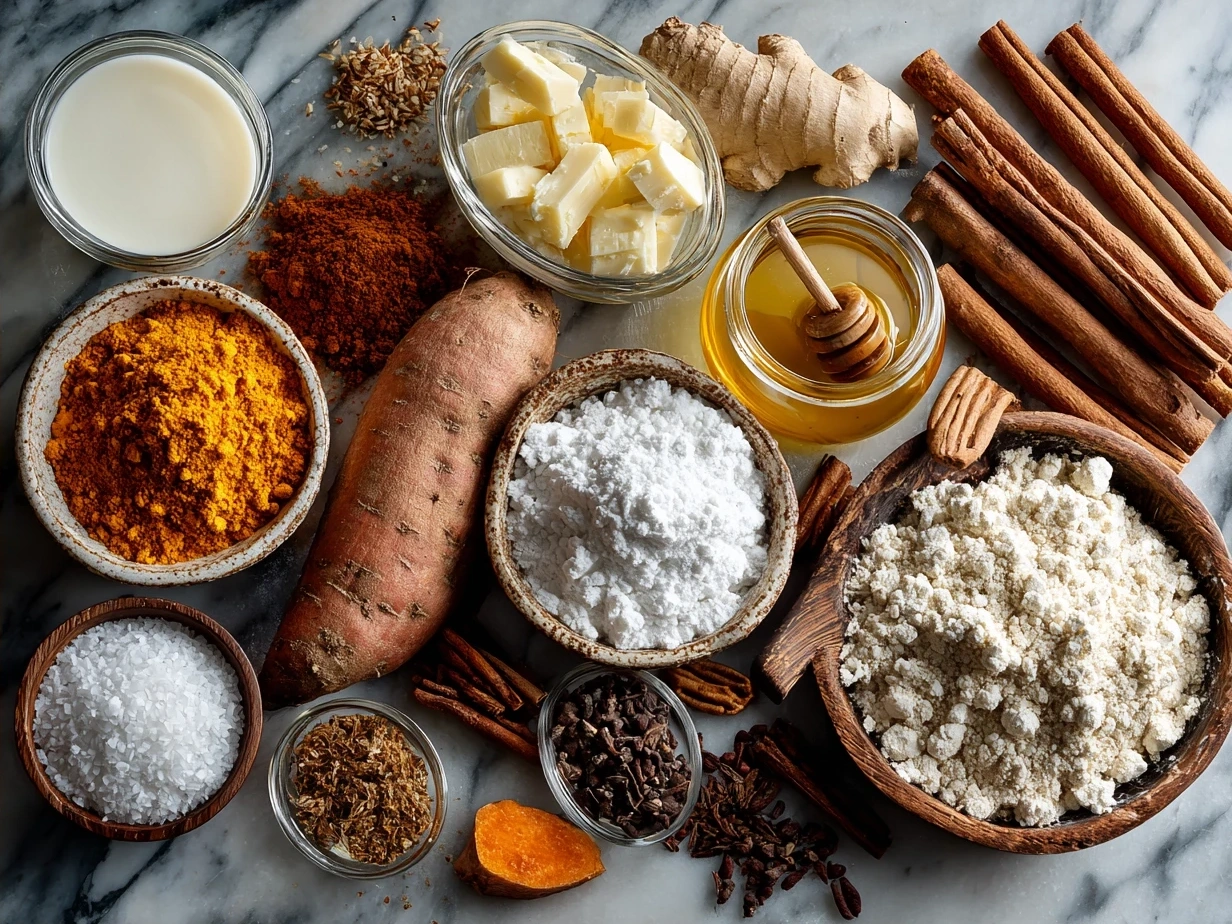 Ingredients for Sweet Potato Casserole including sweet potatoes, pecans, marshmallows and spices