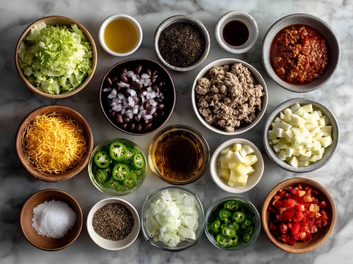Ingredients for Taco Casserole laid out on a kitchen counter
