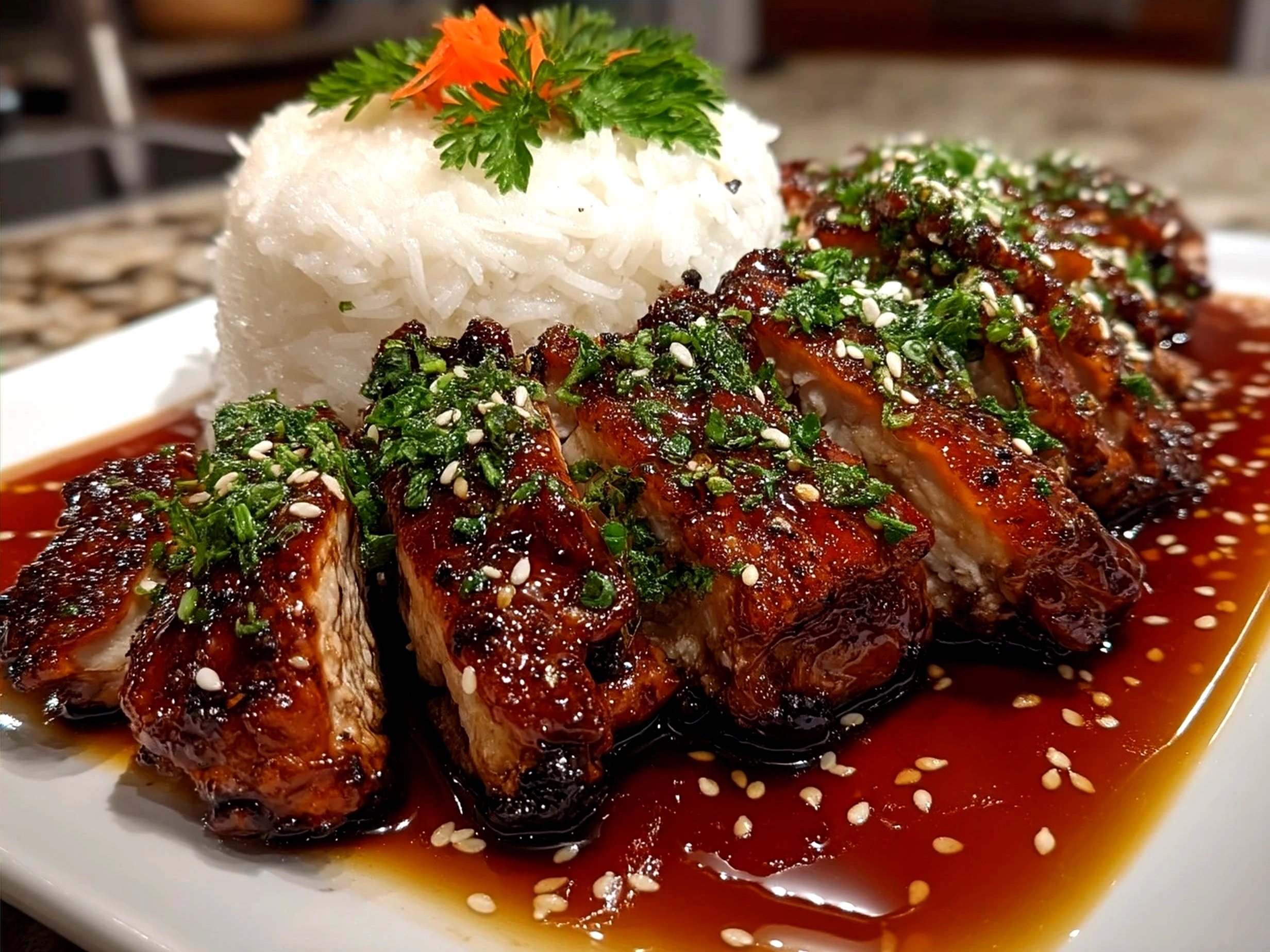 Dish served with homemade teriyaki sauce drizzled over grilled chicken and vegetables