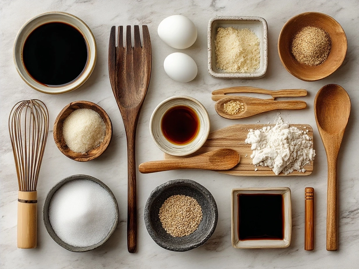 Ingredients for homemade teriyaki sauce laid out on kitchen counter