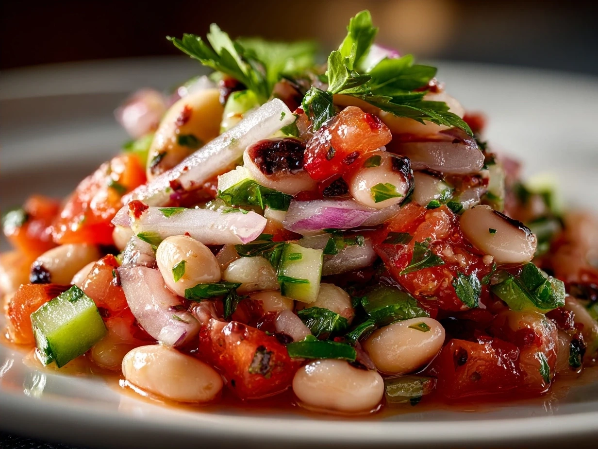 Final dish of Texas Caviar recipe served in bowl with chips