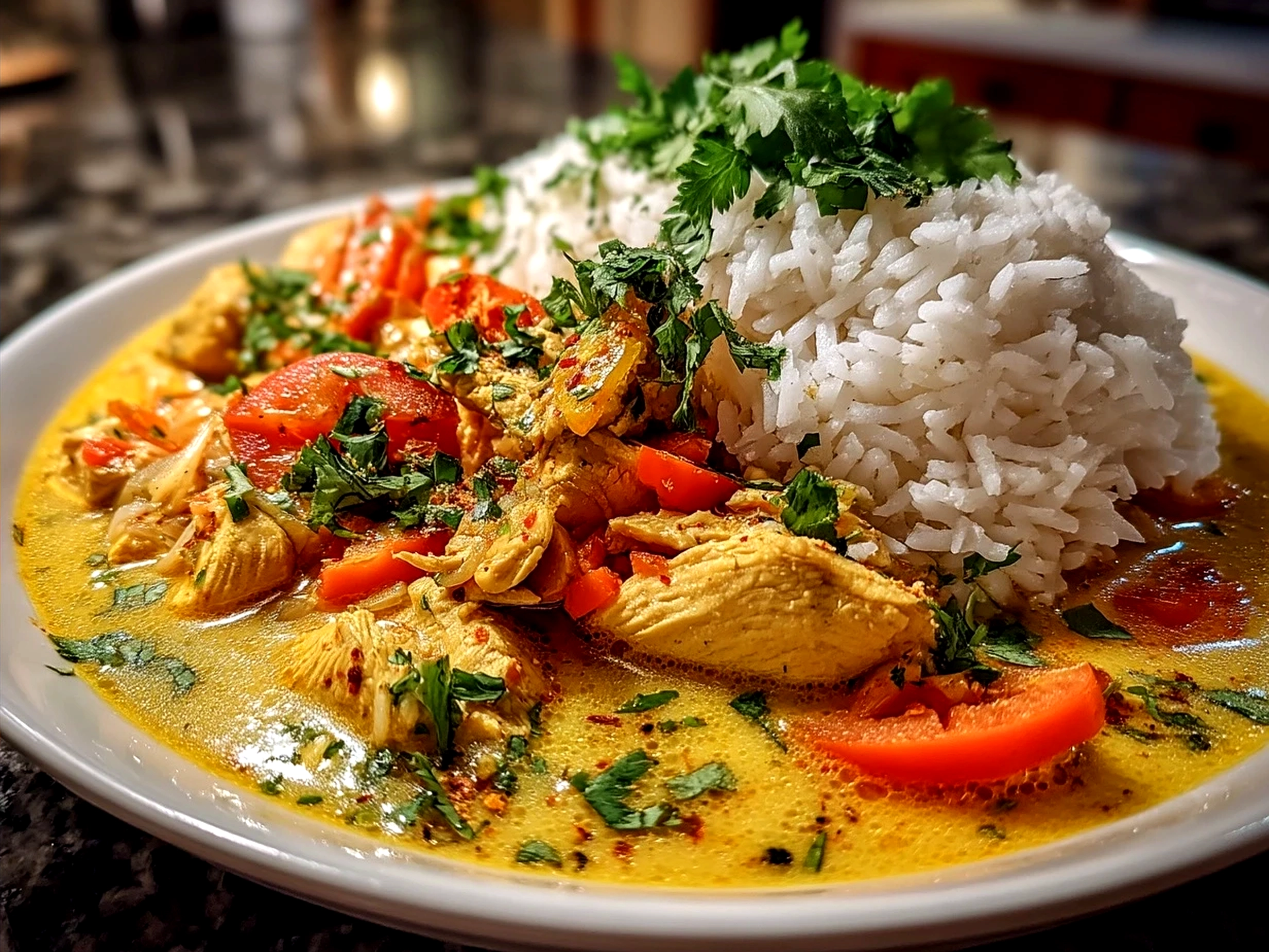 Serving of Thai Chicken Coconut Curry garnished with Thai basil and fresh herbs served with jasmine rice