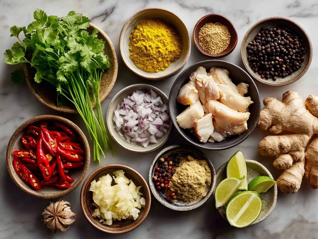 Ingredients for Thai Chicken Coconut Curry including chicken, coconut milk, curry paste, vegetables, and herbs