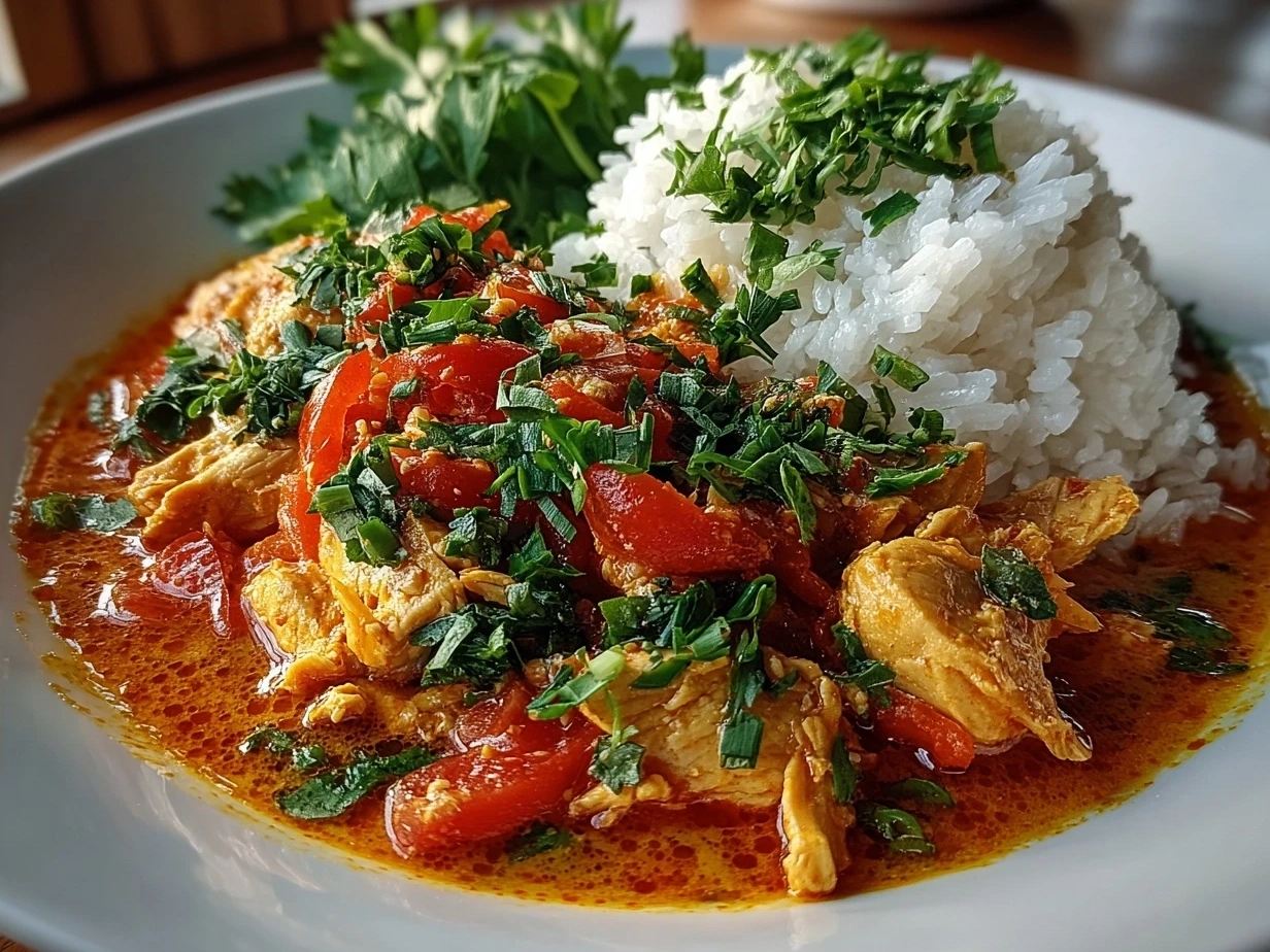 Finished Thai Red Curry Chicken served with fresh basil