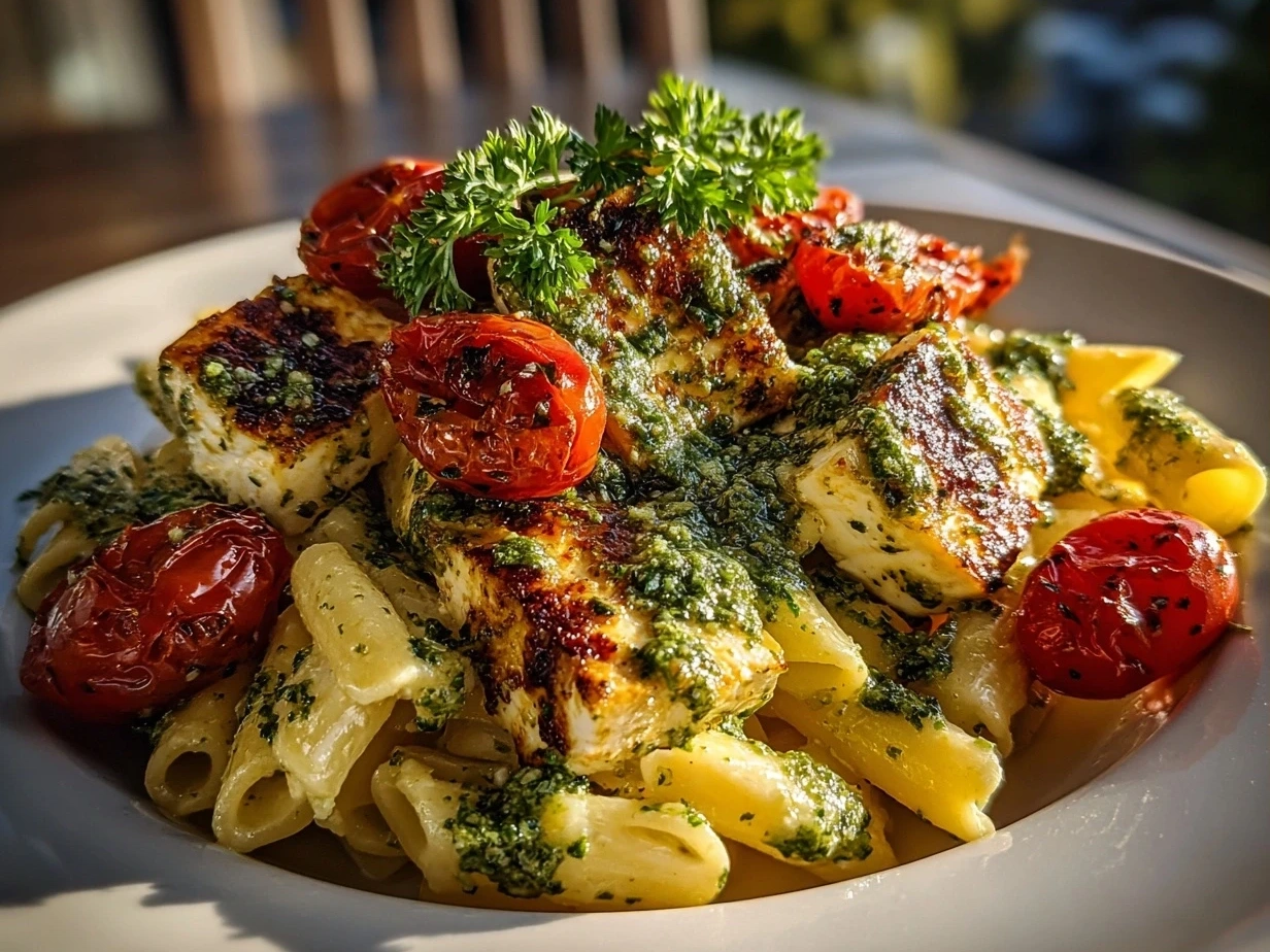 Final dish of TikTok Baked Feta Pasta with Pesto showing creamy pasta with baked feta and fresh pesto