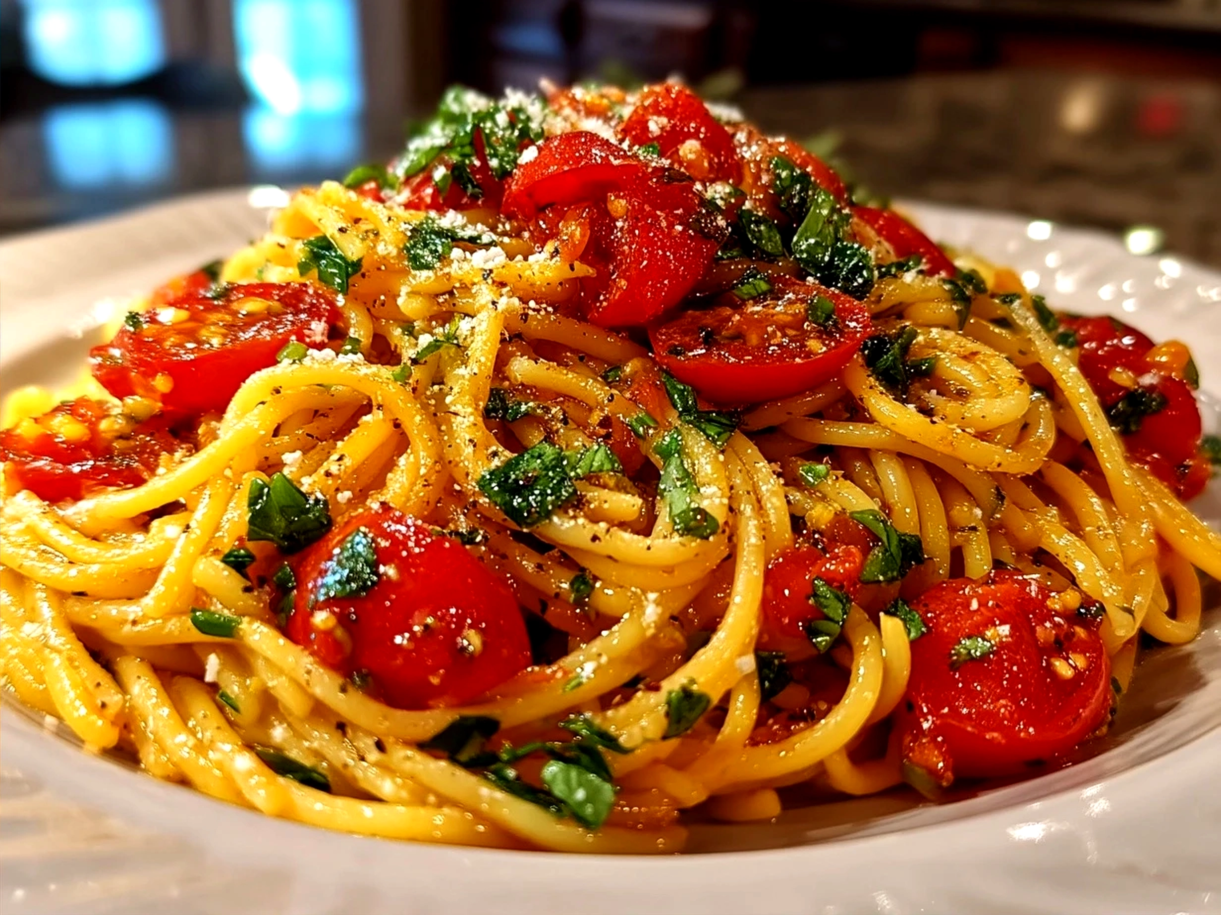 Serving plate of Tomato Garlic Pasta garnished with fresh basil and grated parmesan
