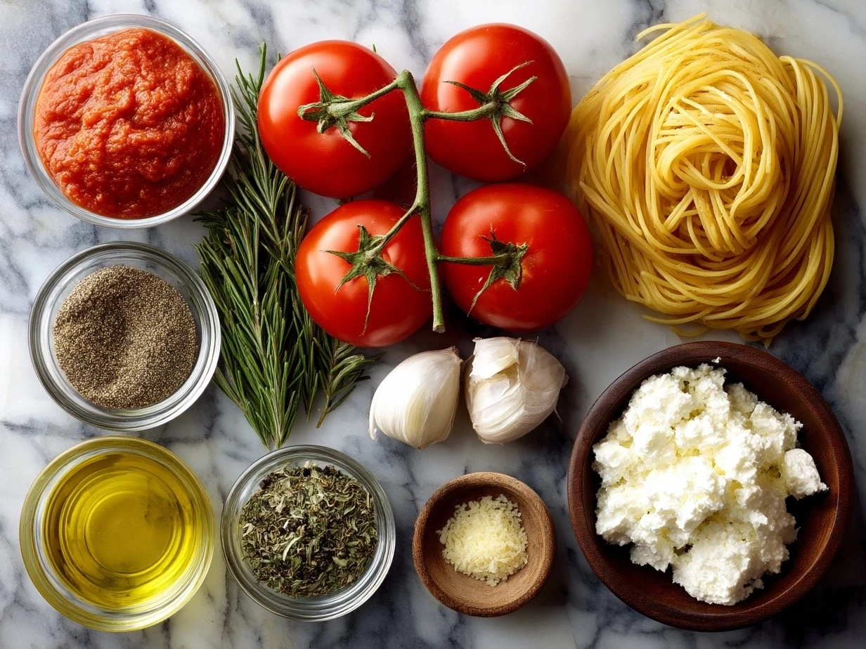 Ingredients for Tomato Garlic Pasta including fresh tomatoes, garlic cloves, olive oil, spaghetti, basil, chili flakes, and parmesan cheese