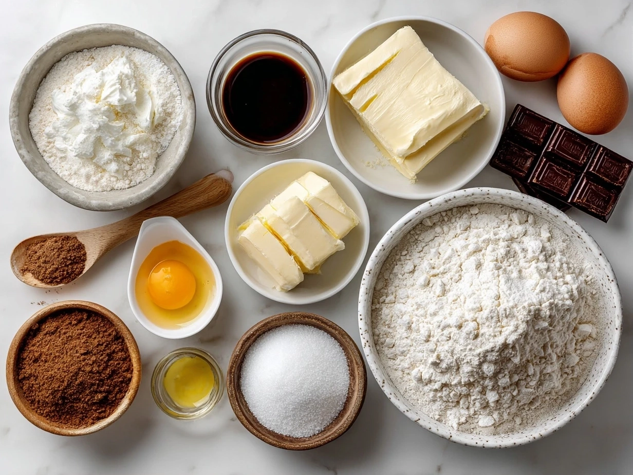 Top down shot of ingredients needed for French Toast Casserole including bread, eggs, milk, spices and sugar