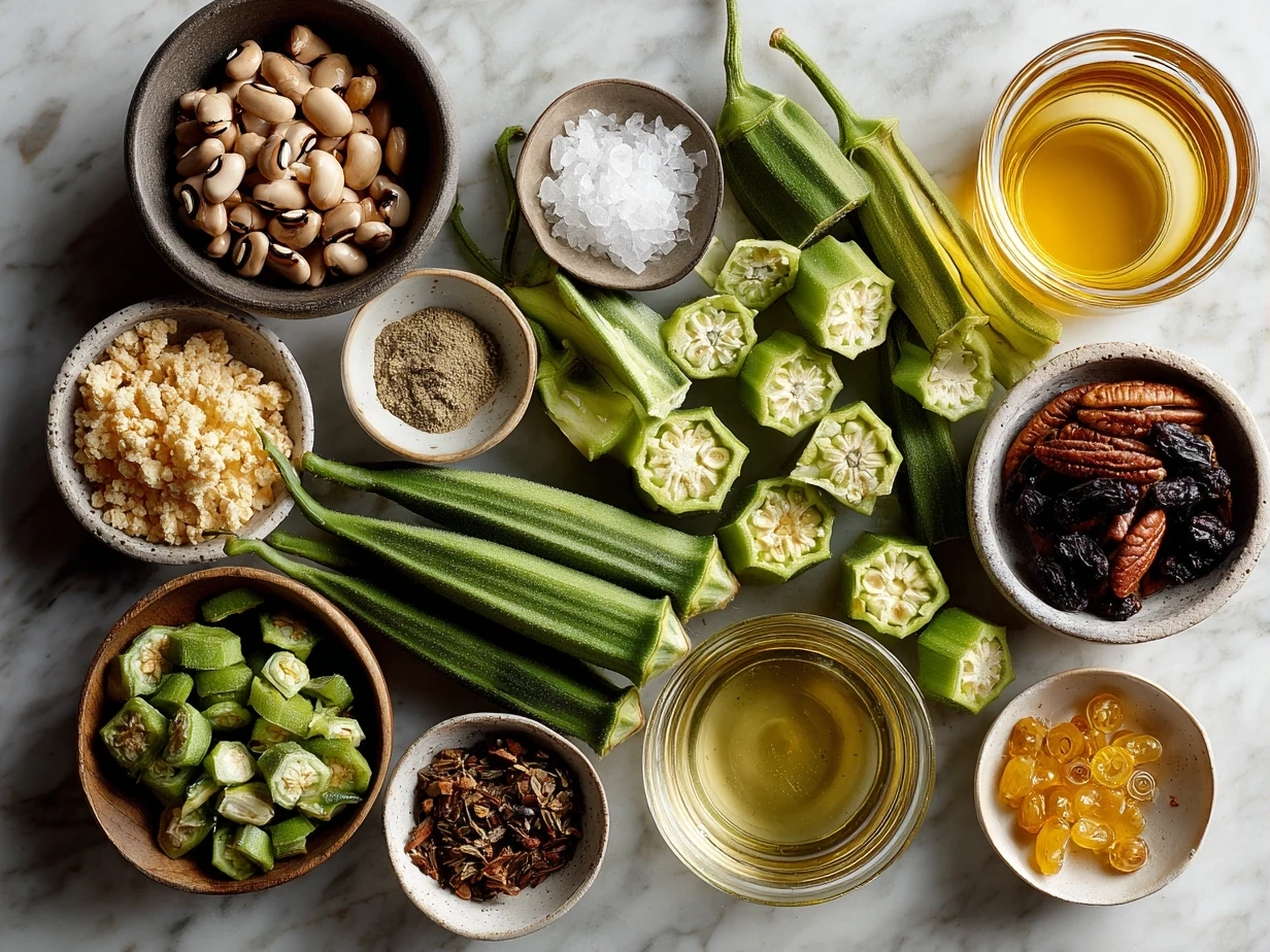 Top down view of raw ingredients for Black-Eyed Peas Okra Stew on marble surface