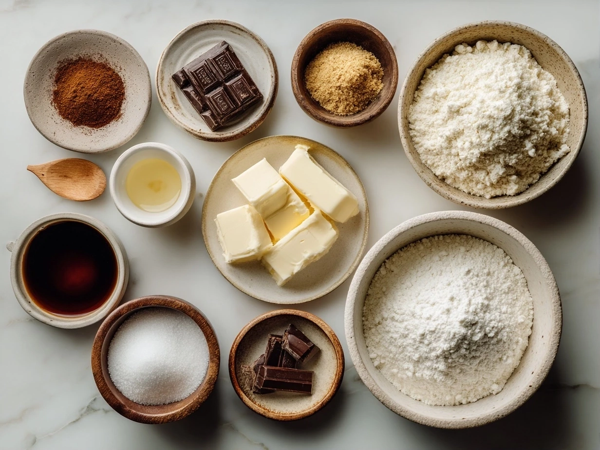 Top-down view of raw ingredients for brown butter cheesecake on marble, arranged neatly in modern kitchen