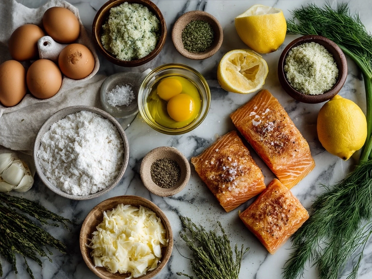 Top down raw ingredients for canned salmon cakes on marble, modern kitchen organized mise en place