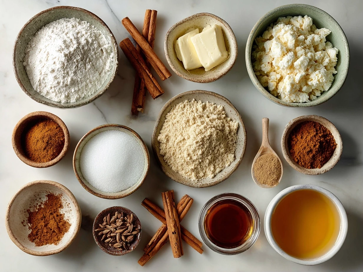 Top down view of raw ingredients for cinnamon roll cookies on marble surface