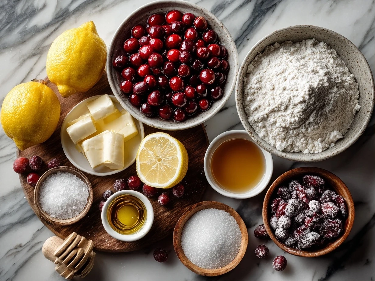 Top down view of raw ingredients for cranberry lemon bars including cranberries, lemons, flour, sugar, and butter