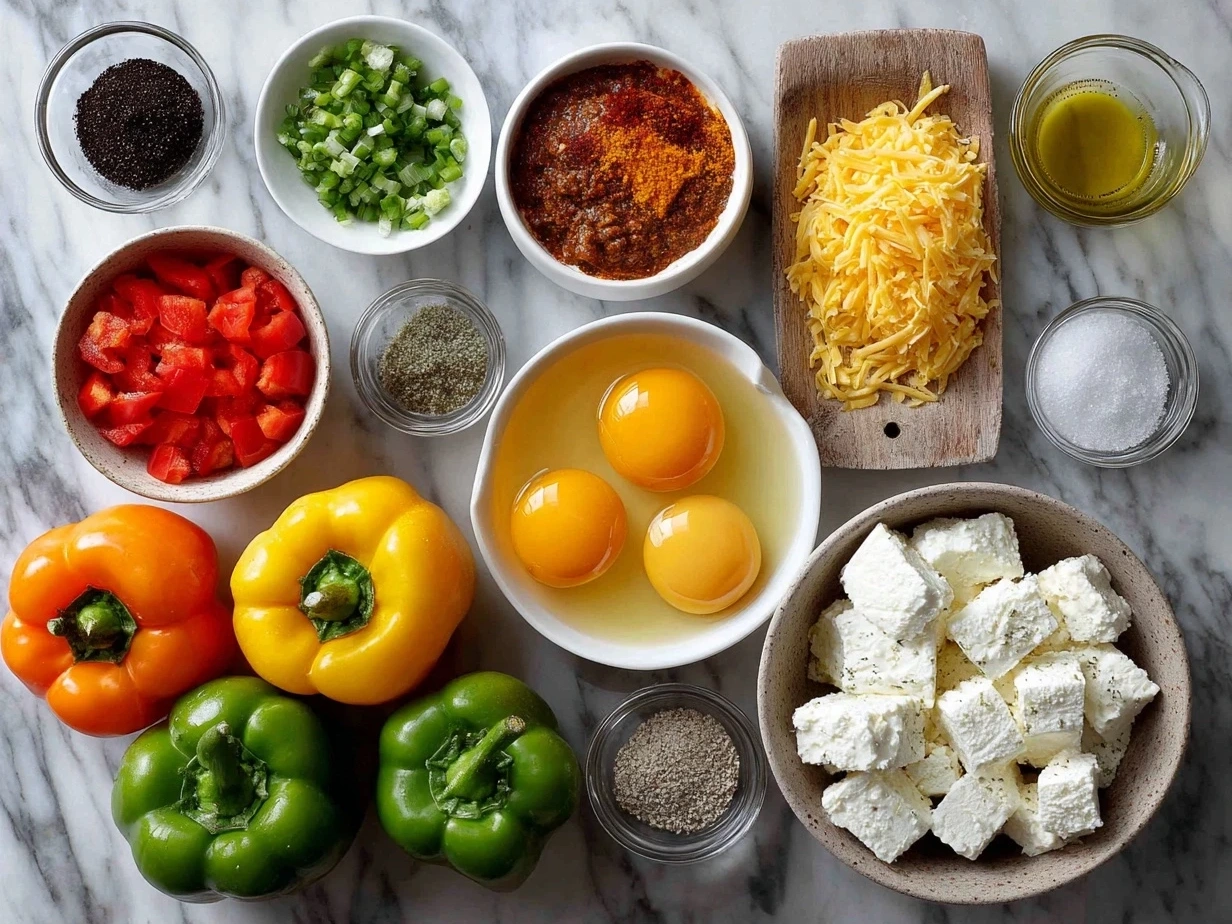 Top down view of raw ingredients for Goat Cheese Stuffed Mini Peppers, including mini bell peppers, goat cheese, cream cheese, chives, and spices