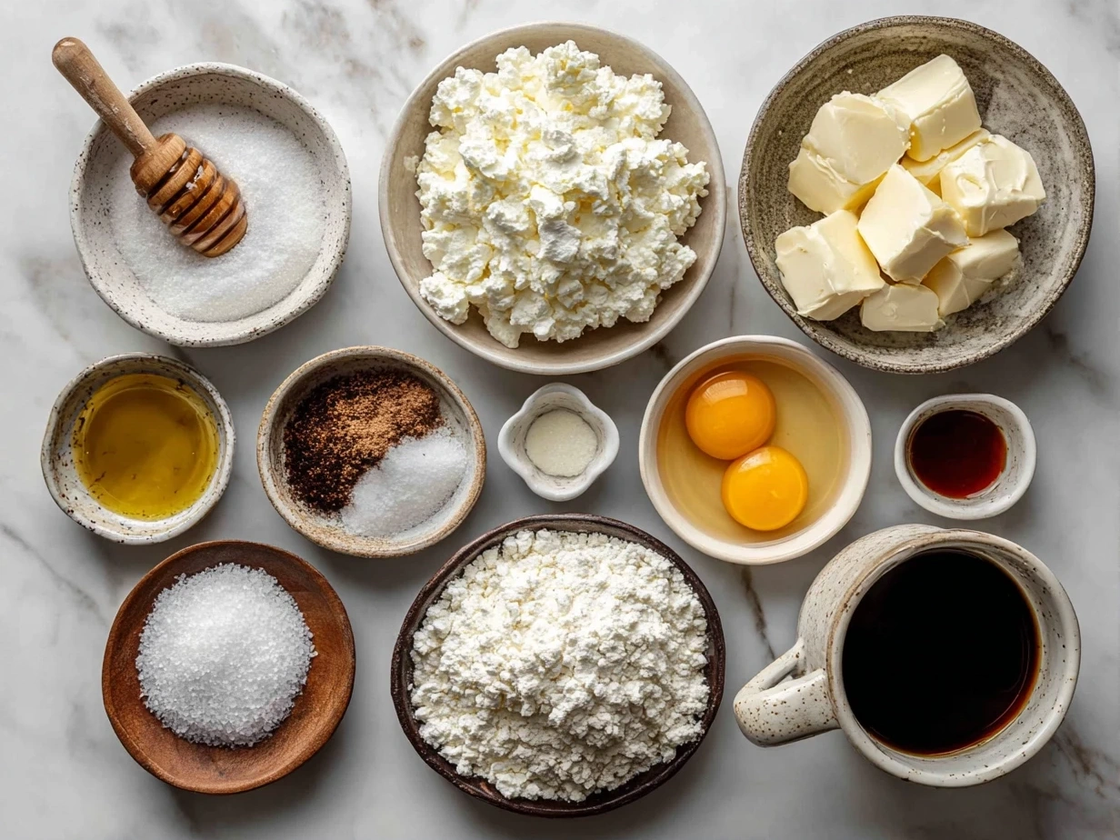 Top down view of raw ingredients for Honey Ricotta Pizza including pizza dough, ricotta cheese, honey, mozzarella cheese, olive oil, thyme, and nuts