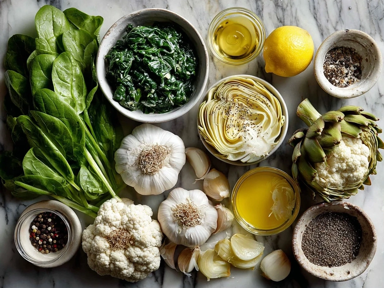 Top down view of raw ingredients for spinach artichoke dip arranged on marble surface