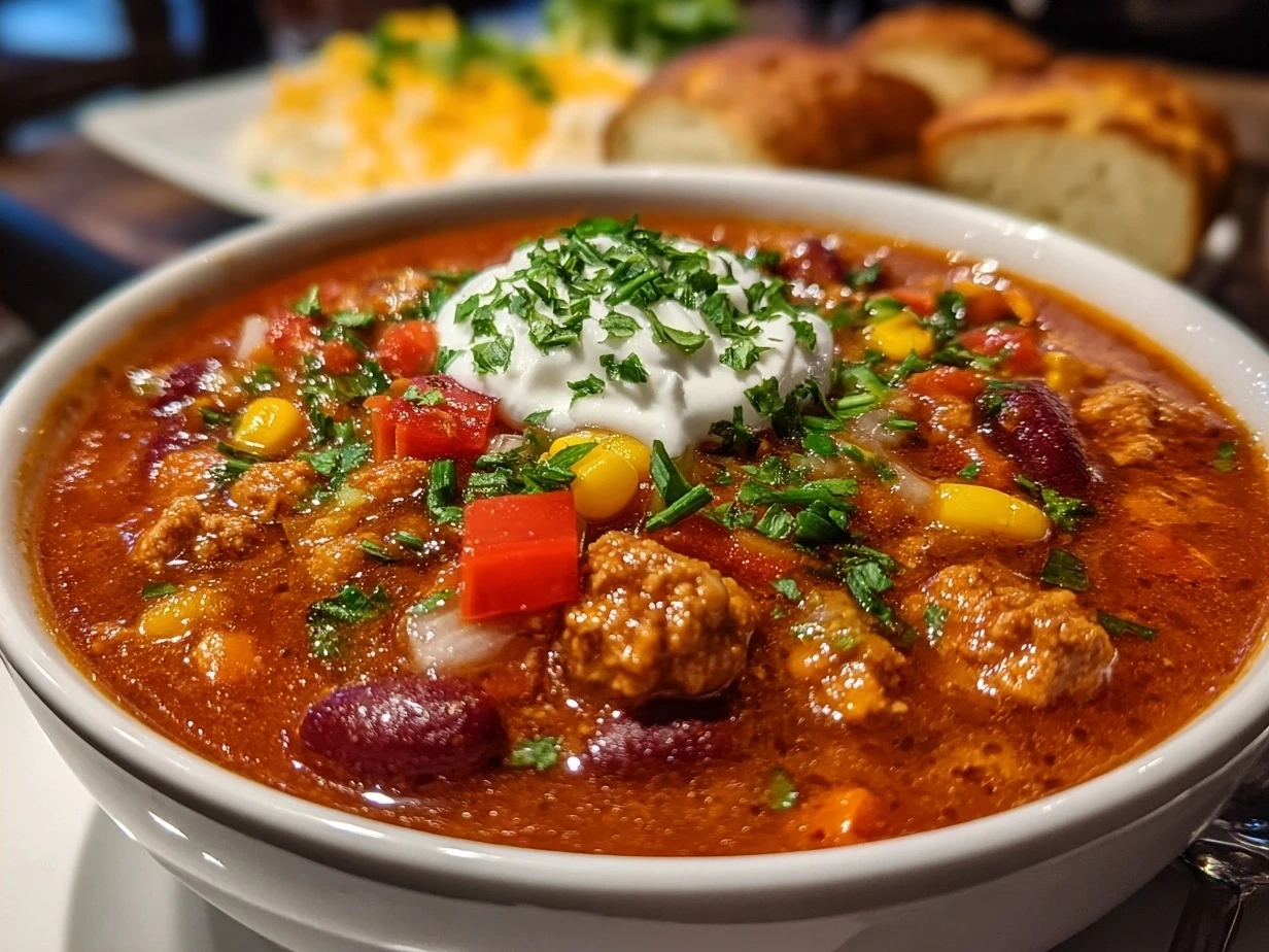 A delicious bowl of Turkey Burger Chili steaming hot, perfect for a cozy meal