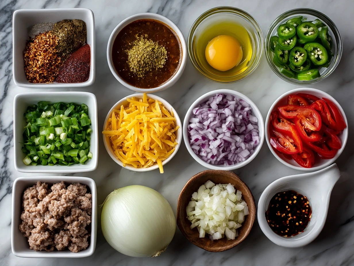 Ingredients for Turkey Burger Chili including ground turkey, diced tomatoes, beans, peppers, and spices