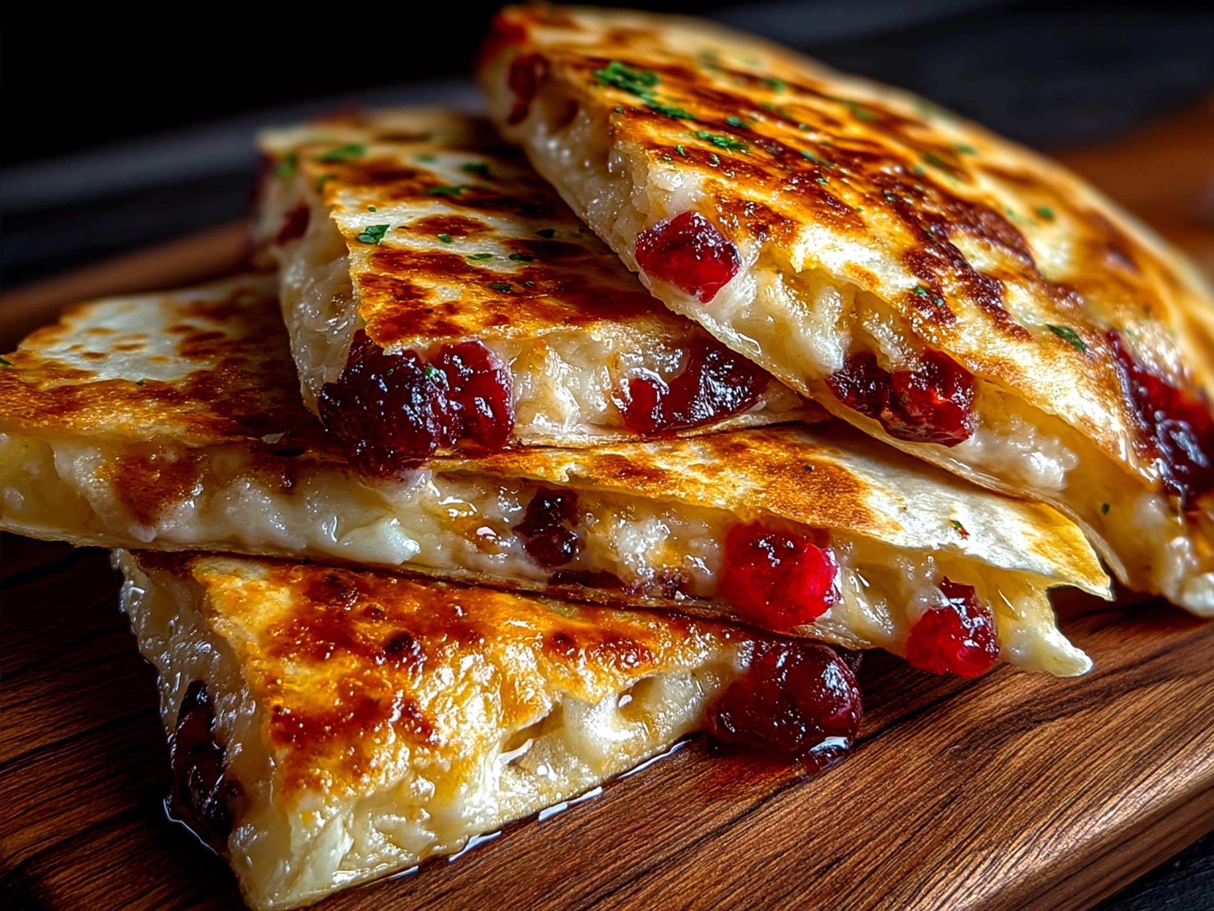 Serving Turkey Cranberry Quesadillas, sliced and arranged on a wooden board