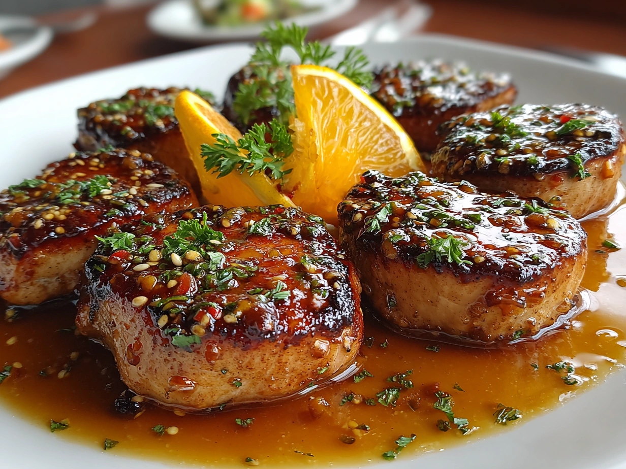 Deliciously plated Turkey Medallions with Orange Teriyaki Sauce garnished with sesame seeds and green onions