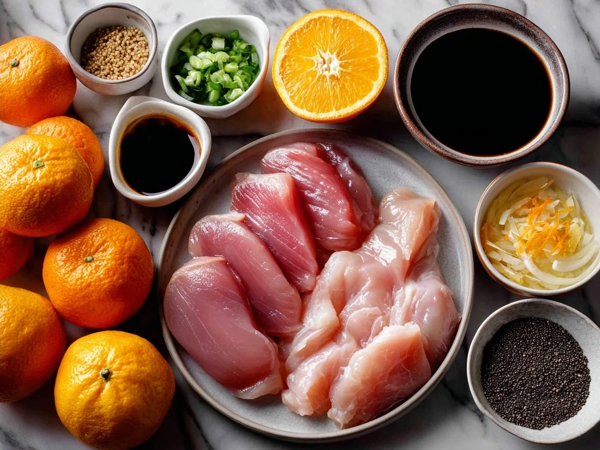 Ingredients for Turkey Medallions with Orange Teriyaki Sauce displayed on a table