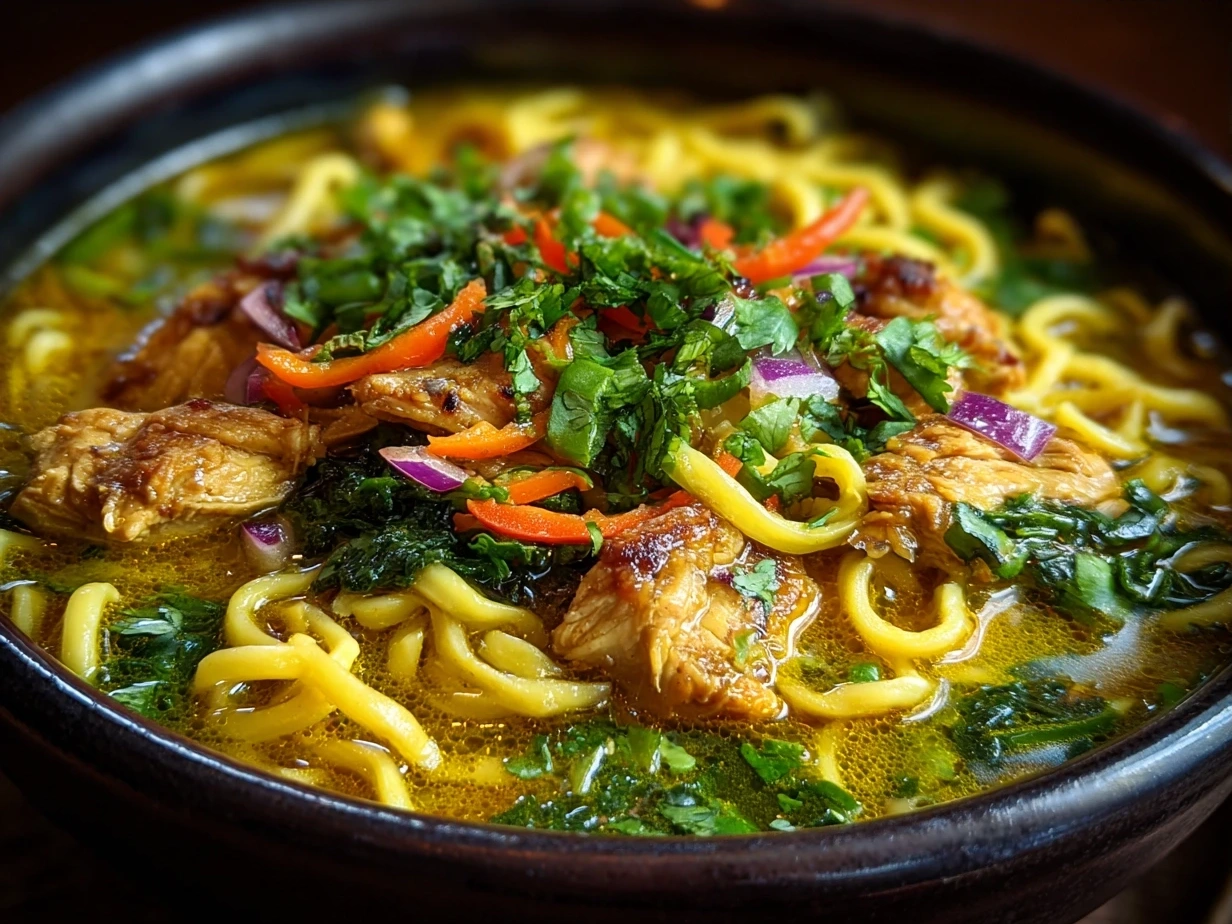 Bowl of Turmeric Ginger Chicken Noodle Soup garnished with fresh parsley and lime wedges