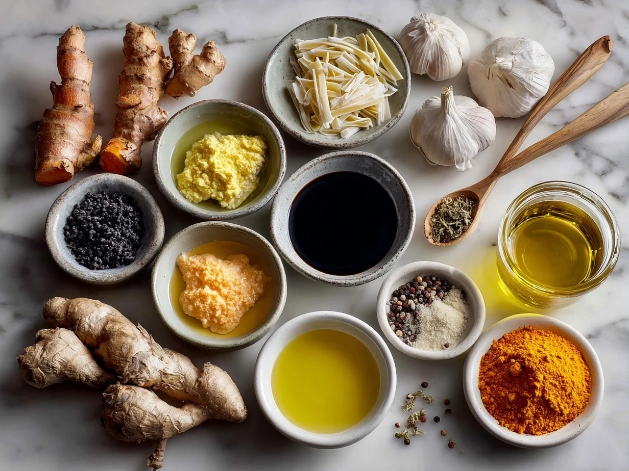 Ingredients for Turmeric Ginger Chicken Noodle Soup laid out on a wooden table