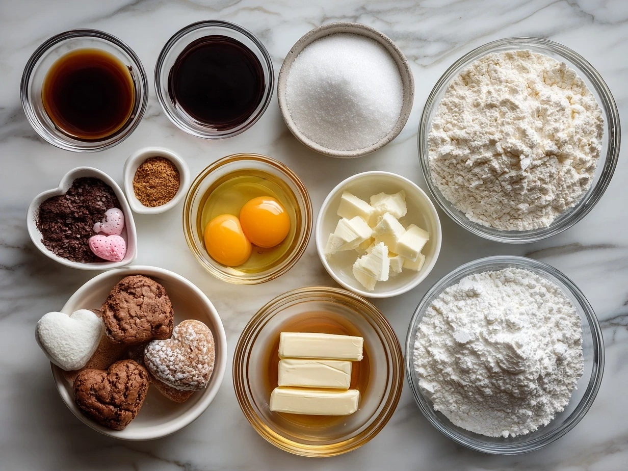 Ingredients needed for Valentines Mini Heart Cakes Recipe laid out on a kitchen counter