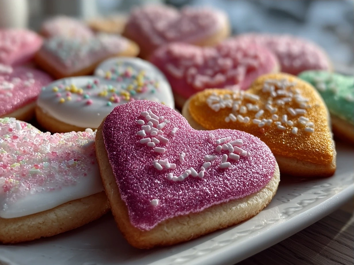 Freshly baked Valentine Sugar Cookies on a cooling rack
