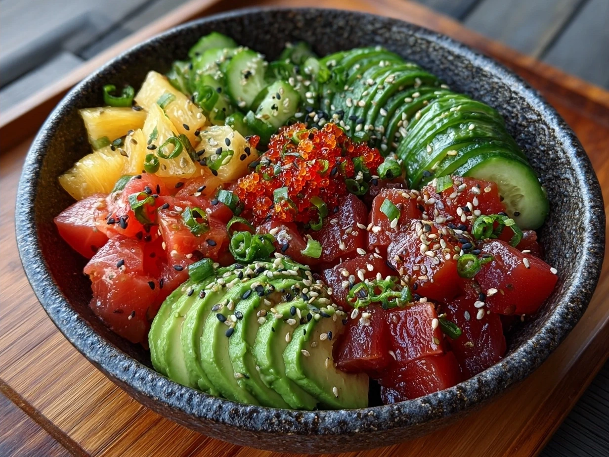 Finished Vegan Poke Bowl with tofu, fresh veggies, and sauce in a bowl