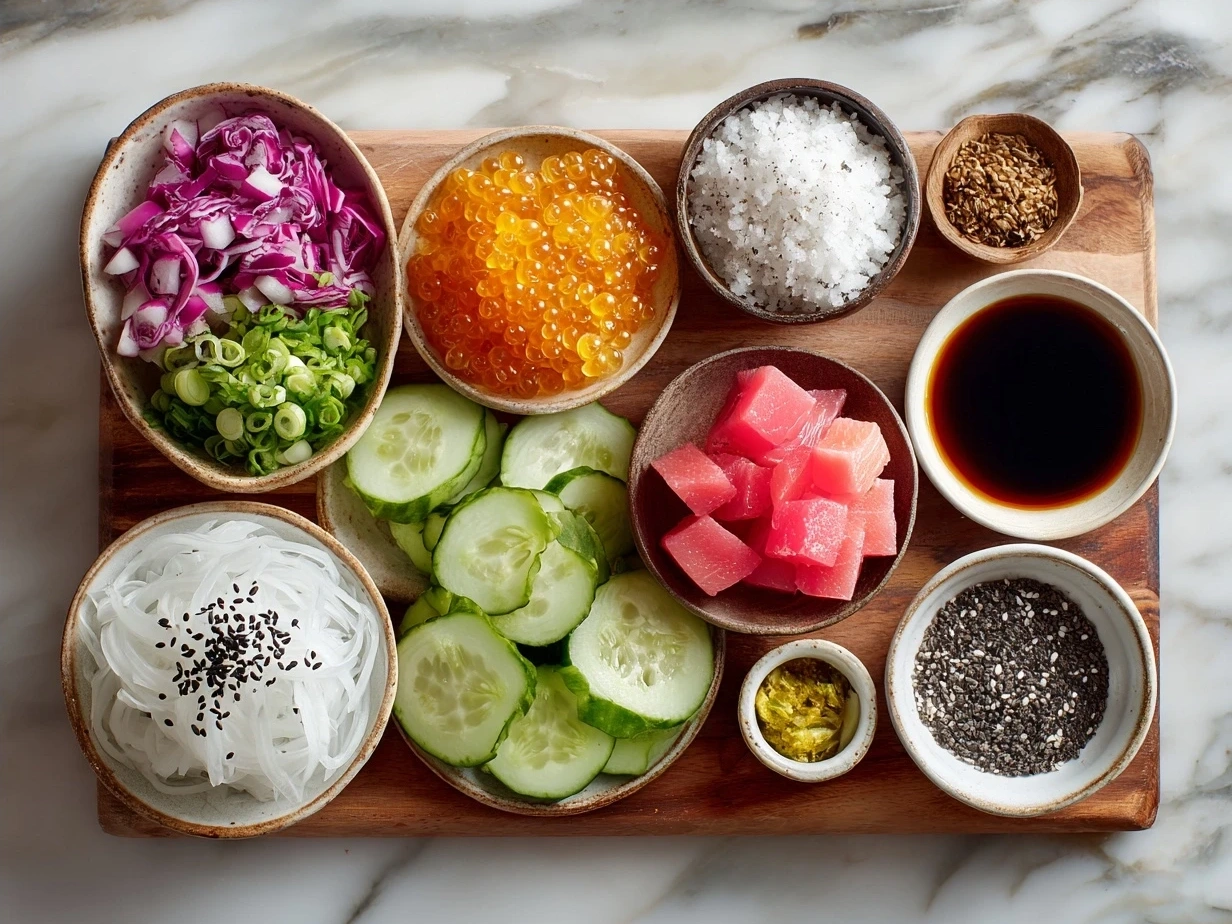 Ingredients for Vegan Poke Bowl including tofu, avocado, rice, and fresh vegetables
