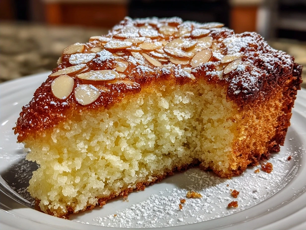 Finished White Almond Cake decorated with toasted almonds and frosting
