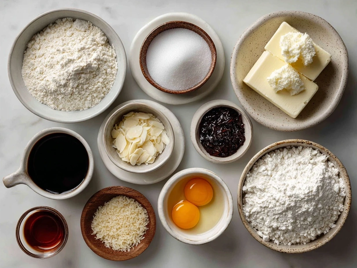 Ingredients for White Almond Cake laid out on kitchen table