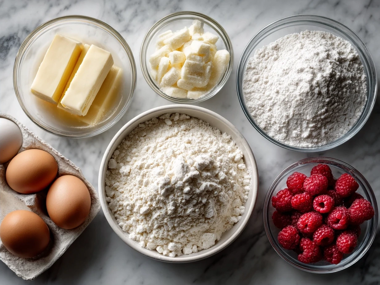 Ingredients for White Chocolate Raspberry Bundt Cake laid out on a kitchen counter