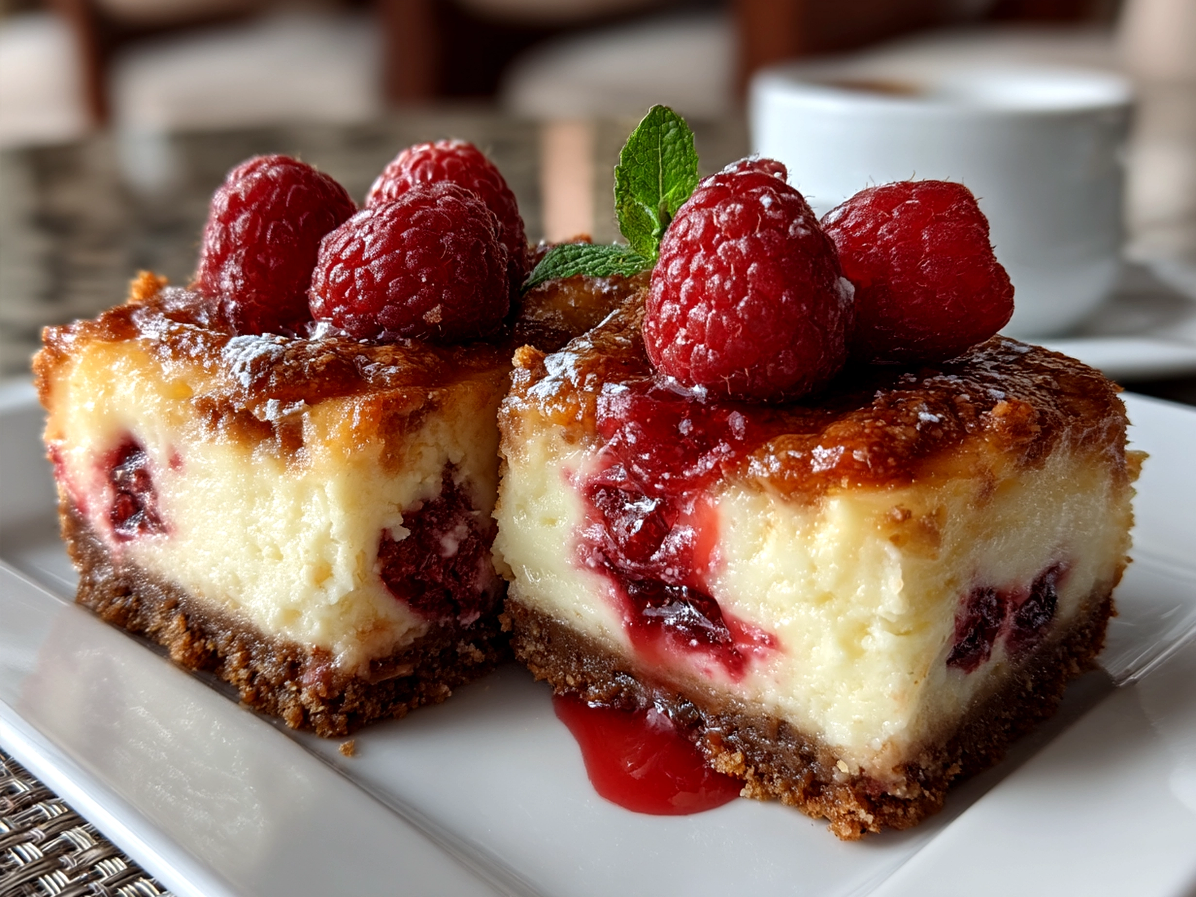 White Chocolate Raspberry Cheesecake Bars served on a plate with fresh raspberries