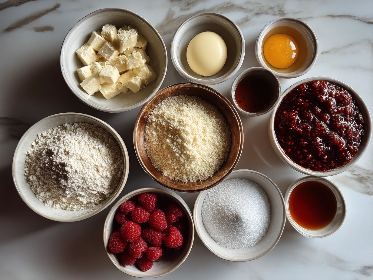 Ingredients for White Chocolate Raspberry Cheesecake Bars on a kitchen counter
