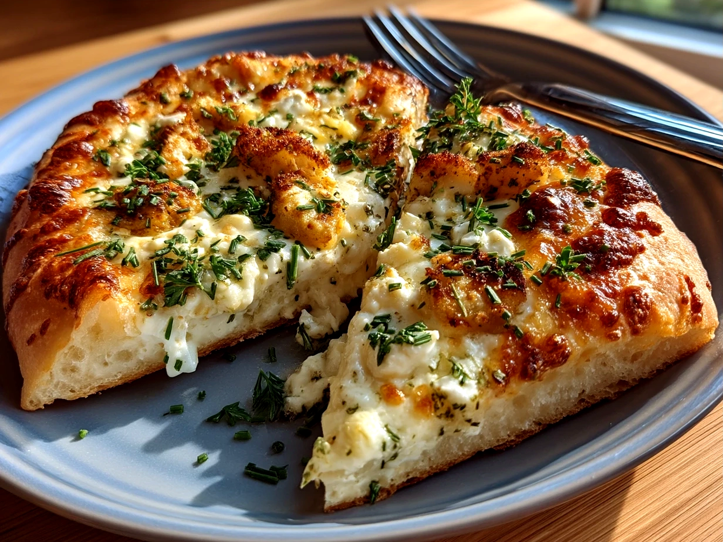 Freshly baked White Pizza served with herbs and a side salad
