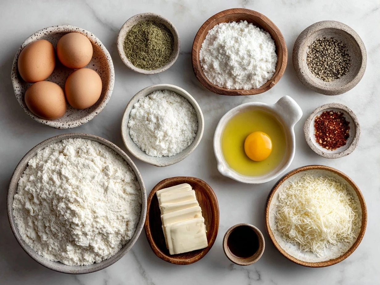 Ingredients for Creamy White Pizza including ricotta, mozzarella, parmesan, dough, and fresh herbs