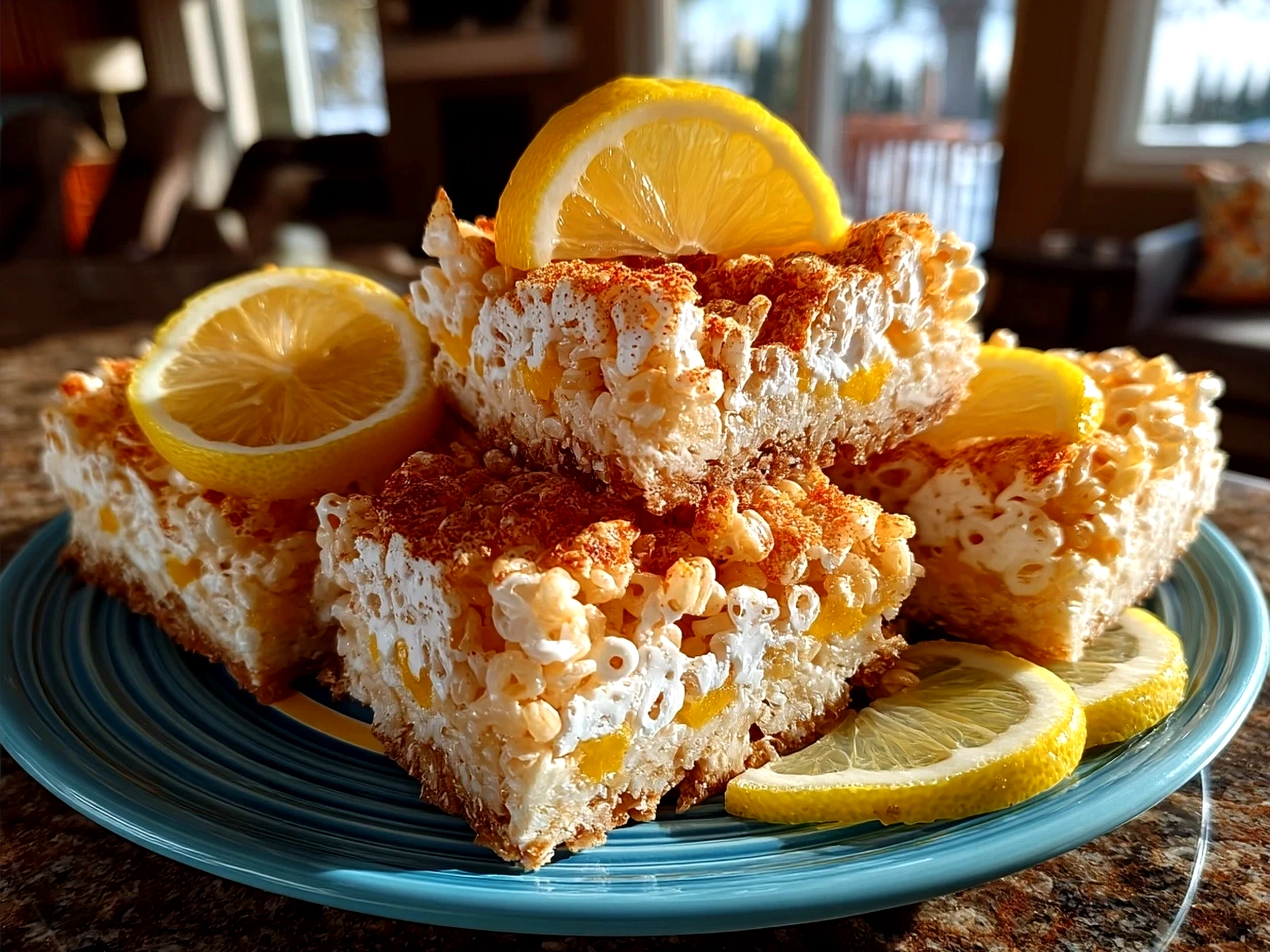 Freshly cut Zesty Lemon Rice Krispie Treats served on a bright tray with lemon slices