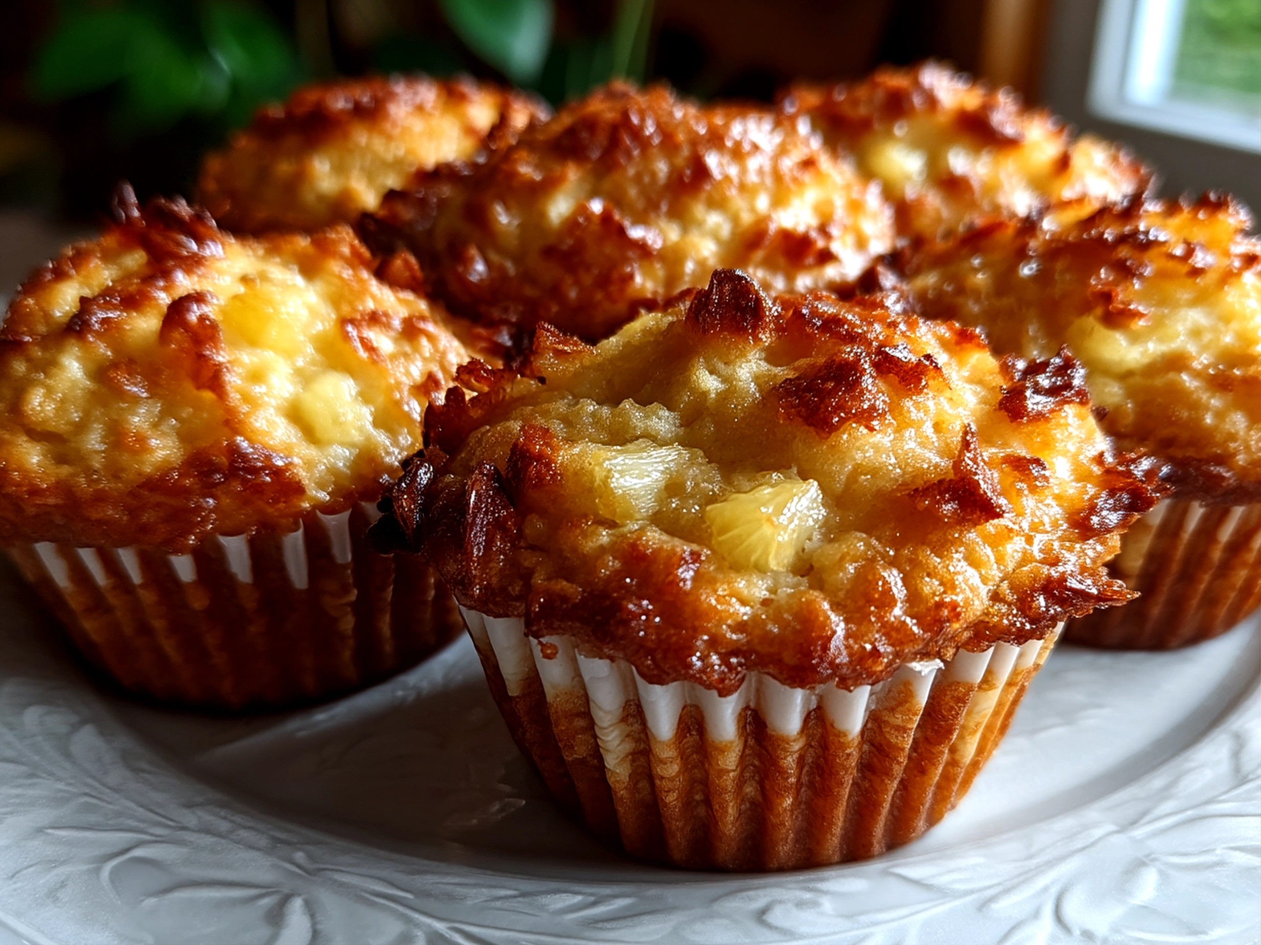 Close-up of finished Coconut and Pineapple Cottage Cheese Muffins ready to serve